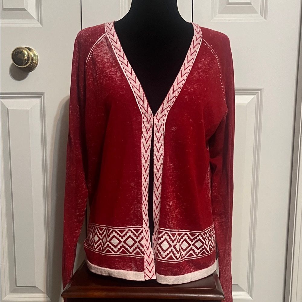 Venario Red White Aztec Southwestern 100% Cotton Cardigan Lightweight Sweater M